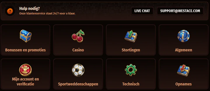 WestAce Casino klantenservice met 24/7 livechat, e-mailondersteuning en hulp bij bonussen, stortingen, opnames, verificatie en sportweddenschappen