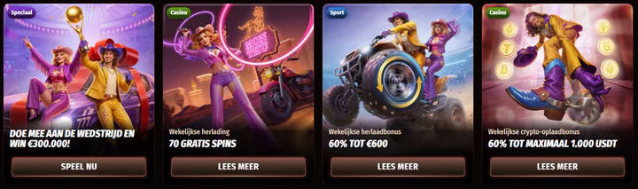 WestAce Casino promoties met een wedstrijd om €300.000, 70 gratis spins, een wekelijkse sportbonus tot €600 en een crypto-oplaadbonus tot 1.000 USDT